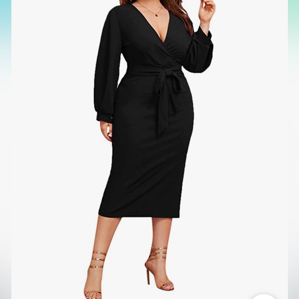 Women's V Neck Lantern Sleeve Midi Belted Dress